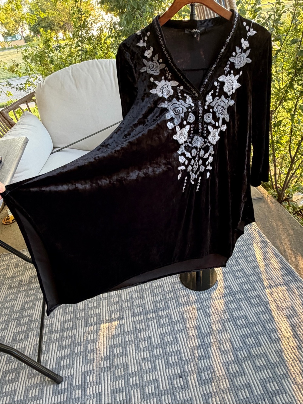 ANDREE BY UNIT Black Velvet Tunic with Silver Floral Embroidery - Picture 16 of 16